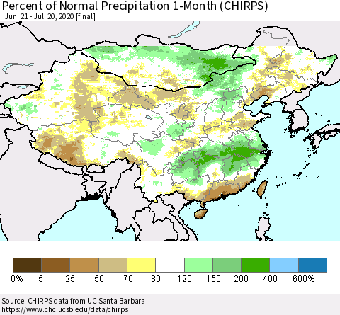 China, Mongolia and Taiwan Percent of Normal Precipitation 1-Month (CHIRPS) Thematic Map For 6/21/2020 - 7/20/2020