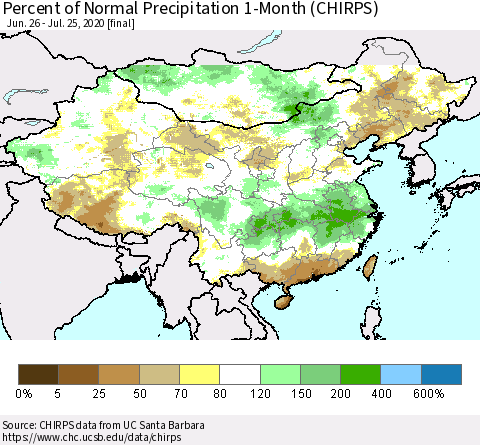 China, Mongolia and Taiwan Percent of Normal Precipitation 1-Month (CHIRPS) Thematic Map For 6/26/2020 - 7/25/2020