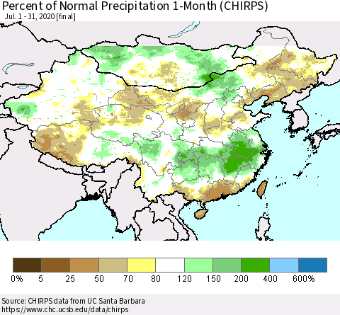 China, Mongolia and Taiwan Percent of Normal Precipitation 1-Month (CHIRPS) Thematic Map For 7/1/2020 - 7/31/2020