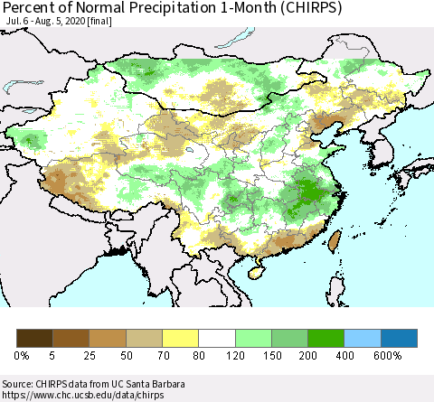 China, Mongolia and Taiwan Percent of Normal Precipitation 1-Month (CHIRPS) Thematic Map For 7/6/2020 - 8/5/2020