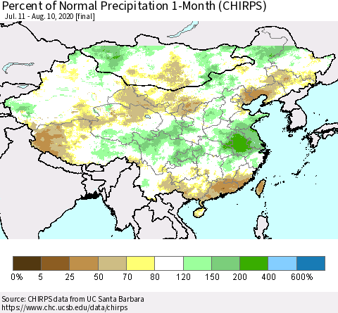 China, Mongolia and Taiwan Percent of Normal Precipitation 1-Month (CHIRPS) Thematic Map For 7/11/2020 - 8/10/2020