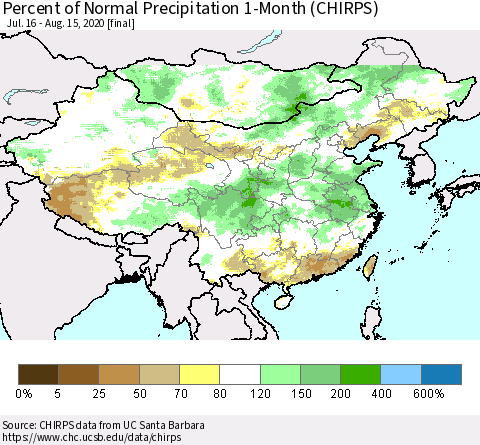 China, Mongolia and Taiwan Percent of Normal Precipitation 1-Month (CHIRPS) Thematic Map For 7/16/2020 - 8/15/2020