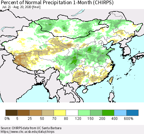 China, Mongolia and Taiwan Percent of Normal Precipitation 1-Month (CHIRPS) Thematic Map For 7/21/2020 - 8/20/2020
