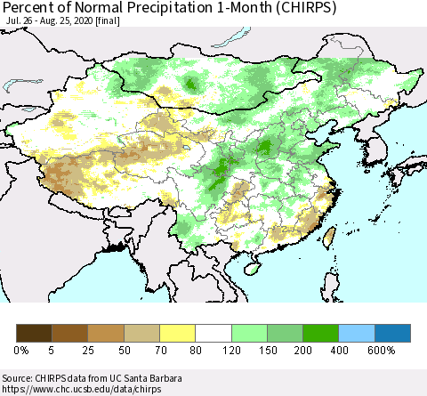 China, Mongolia and Taiwan Percent of Normal Precipitation 1-Month (CHIRPS) Thematic Map For 7/26/2020 - 8/25/2020