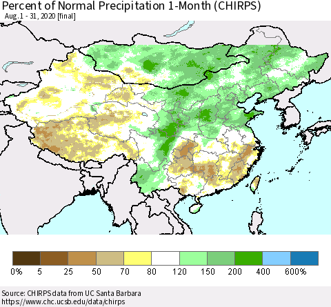 China, Mongolia and Taiwan Percent of Normal Precipitation 1-Month (CHIRPS) Thematic Map For 8/1/2020 - 8/31/2020