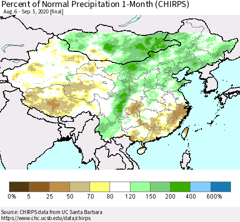 China, Mongolia and Taiwan Percent of Normal Precipitation 1-Month (CHIRPS) Thematic Map For 8/6/2020 - 9/5/2020
