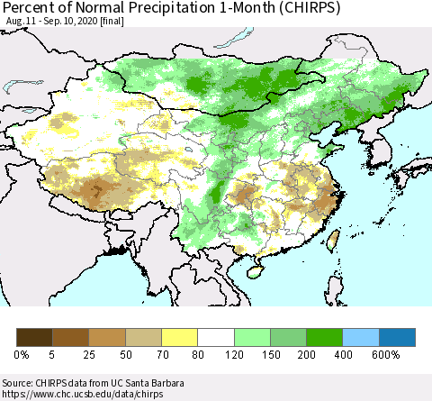 China, Mongolia and Taiwan Percent of Normal Precipitation 1-Month (CHIRPS) Thematic Map For 8/11/2020 - 9/10/2020