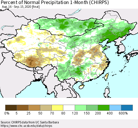 China, Mongolia and Taiwan Percent of Normal Precipitation 1-Month (CHIRPS) Thematic Map For 8/16/2020 - 9/15/2020