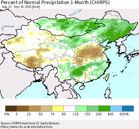China, Mongolia and Taiwan Percent of Normal Precipitation 1-Month (CHIRPS) Thematic Map For 8/21/2020 - 9/20/2020