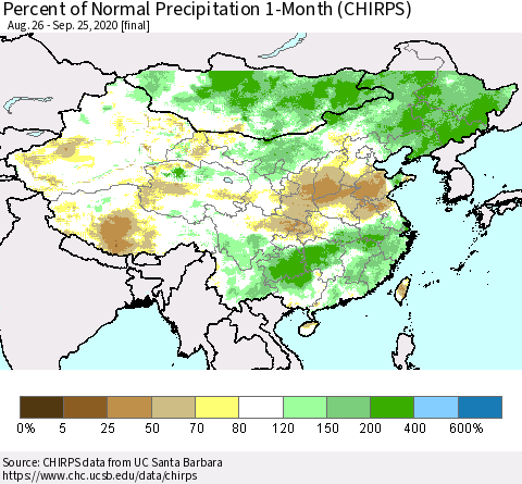 China, Mongolia and Taiwan Percent of Normal Precipitation 1-Month (CHIRPS) Thematic Map For 8/26/2020 - 9/25/2020