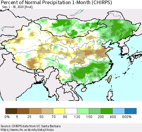 China, Mongolia and Taiwan Percent of Normal Precipitation 1-Month (CHIRPS) Thematic Map For 9/1/2020 - 9/30/2020