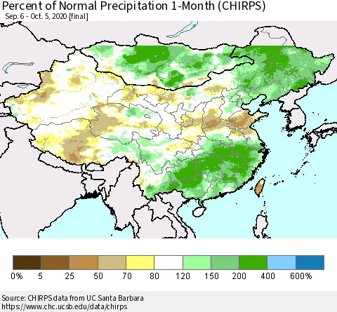 China, Mongolia and Taiwan Percent of Normal Precipitation 1-Month (CHIRPS) Thematic Map For 9/6/2020 - 10/5/2020