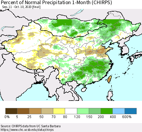 China, Mongolia and Taiwan Percent of Normal Precipitation 1-Month (CHIRPS) Thematic Map For 9/11/2020 - 10/10/2020