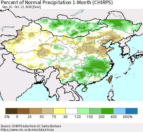 China, Mongolia and Taiwan Percent of Normal Precipitation 1-Month (CHIRPS) Thematic Map For 9/16/2020 - 10/15/2020