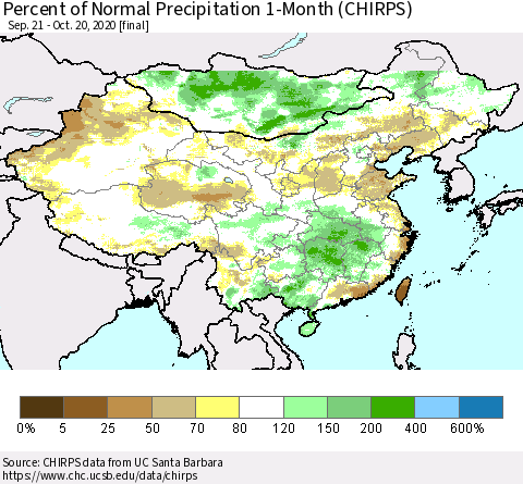 China, Mongolia and Taiwan Percent of Normal Precipitation 1-Month (CHIRPS) Thematic Map For 9/21/2020 - 10/20/2020