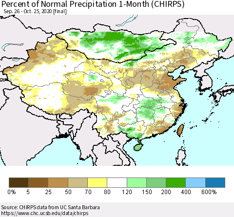 China, Mongolia and Taiwan Percent of Normal Precipitation 1-Month (CHIRPS) Thematic Map For 9/26/2020 - 10/25/2020