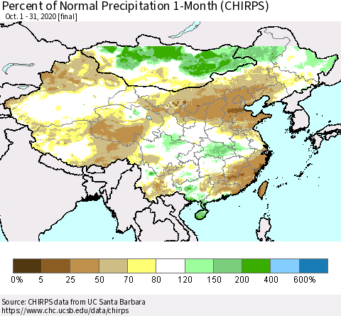China, Mongolia and Taiwan Percent of Normal Precipitation 1-Month (CHIRPS) Thematic Map For 10/1/2020 - 10/31/2020