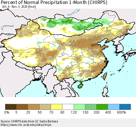 China, Mongolia and Taiwan Percent of Normal Precipitation 1-Month (CHIRPS) Thematic Map For 10/6/2020 - 11/5/2020