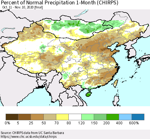 China, Mongolia and Taiwan Percent of Normal Precipitation 1-Month (CHIRPS) Thematic Map For 10/11/2020 - 11/10/2020