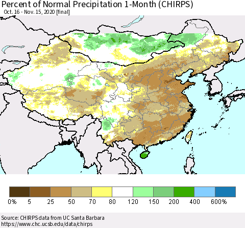 China, Mongolia and Taiwan Percent of Normal Precipitation 1-Month (CHIRPS) Thematic Map For 10/16/2020 - 11/15/2020