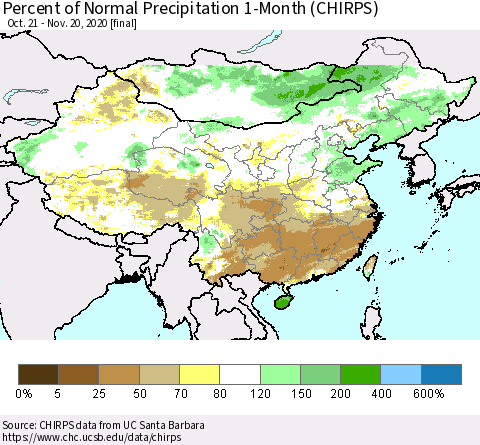 China, Mongolia and Taiwan Percent of Normal Precipitation 1-Month (CHIRPS) Thematic Map For 10/21/2020 - 11/20/2020
