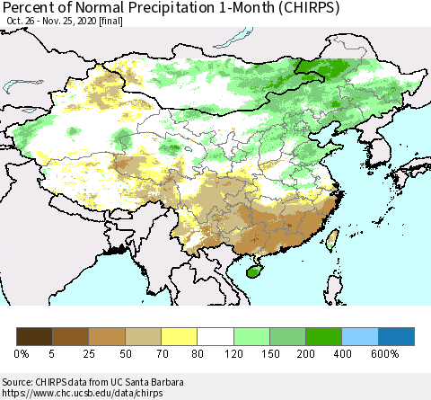 China, Mongolia and Taiwan Percent of Normal Precipitation 1-Month (CHIRPS) Thematic Map For 10/26/2020 - 11/25/2020
