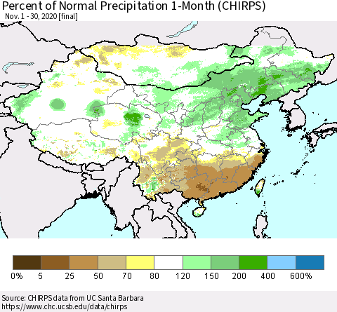 China, Mongolia and Taiwan Percent of Normal Precipitation 1-Month (CHIRPS) Thematic Map For 11/1/2020 - 11/30/2020