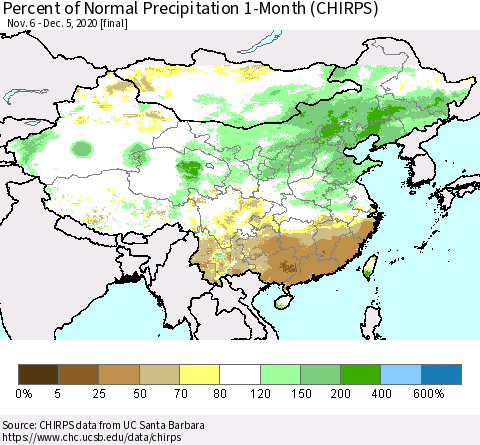 China, Mongolia and Taiwan Percent of Normal Precipitation 1-Month (CHIRPS) Thematic Map For 11/6/2020 - 12/5/2020
