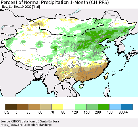 China, Mongolia and Taiwan Percent of Normal Precipitation 1-Month (CHIRPS) Thematic Map For 11/11/2020 - 12/10/2020