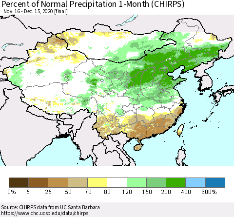 China, Mongolia and Taiwan Percent of Normal Precipitation 1-Month (CHIRPS) Thematic Map For 11/16/2020 - 12/15/2020