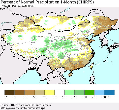 China, Mongolia and Taiwan Percent of Normal Precipitation 1-Month (CHIRPS) Thematic Map For 11/21/2020 - 12/20/2020