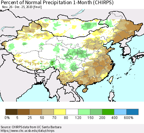 China, Mongolia and Taiwan Percent of Normal Precipitation 1-Month (CHIRPS) Thematic Map For 11/26/2020 - 12/25/2020