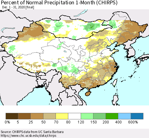 China, Mongolia and Taiwan Percent of Normal Precipitation 1-Month (CHIRPS) Thematic Map For 12/1/2020 - 12/31/2020