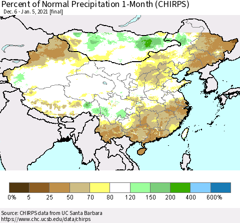 China, Mongolia and Taiwan Percent of Normal Precipitation 1-Month (CHIRPS) Thematic Map For 12/6/2020 - 1/5/2021