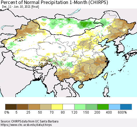 China, Mongolia and Taiwan Percent of Normal Precipitation 1-Month (CHIRPS) Thematic Map For 12/11/2020 - 1/10/2021