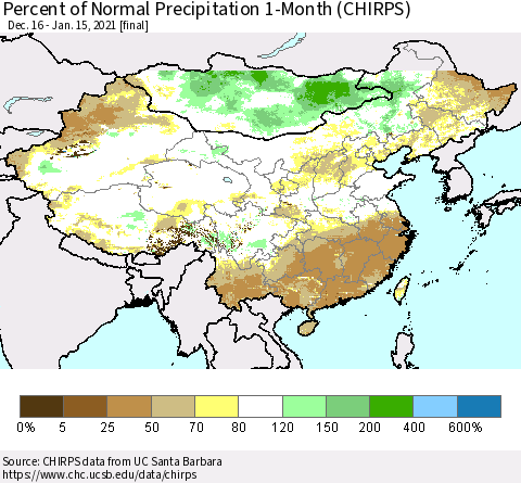 China, Mongolia and Taiwan Percent of Normal Precipitation 1-Month (CHIRPS) Thematic Map For 12/16/2020 - 1/15/2021