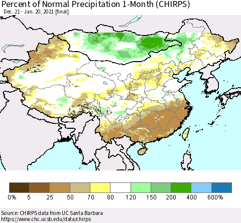 China, Mongolia and Taiwan Percent of Normal Precipitation 1-Month (CHIRPS) Thematic Map For 12/21/2020 - 1/20/2021