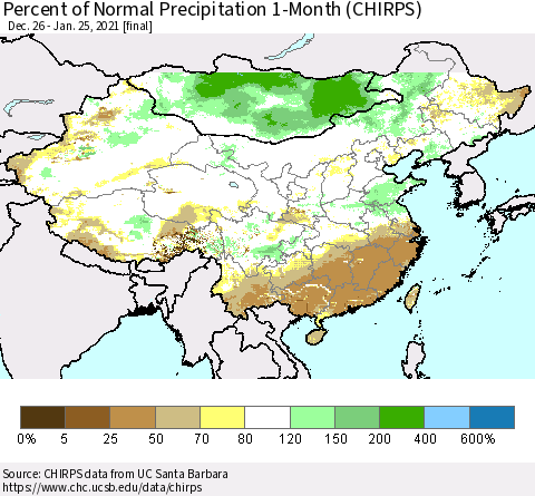 China, Mongolia and Taiwan Percent of Normal Precipitation 1-Month (CHIRPS) Thematic Map For 12/26/2020 - 1/25/2021