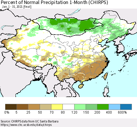 China, Mongolia and Taiwan Percent of Normal Precipitation 1-Month (CHIRPS) Thematic Map For 1/1/2021 - 1/31/2021