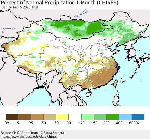 China, Mongolia and Taiwan Percent of Normal Precipitation 1-Month (CHIRPS) Thematic Map For 1/6/2021 - 2/5/2021