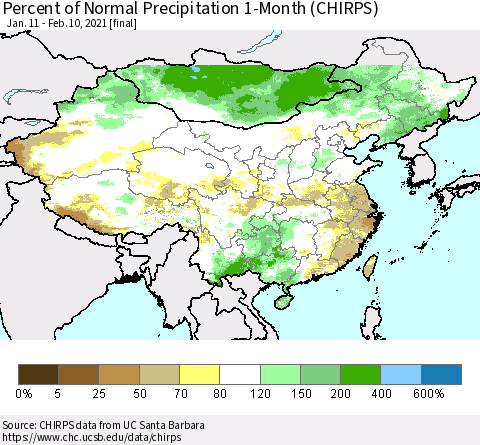 China, Mongolia and Taiwan Percent of Normal Precipitation 1-Month (CHIRPS) Thematic Map For 1/11/2021 - 2/10/2021