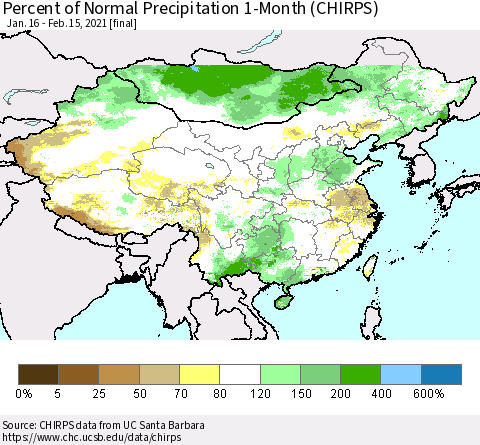 China, Mongolia and Taiwan Percent of Normal Precipitation 1-Month (CHIRPS) Thematic Map For 1/16/2021 - 2/15/2021