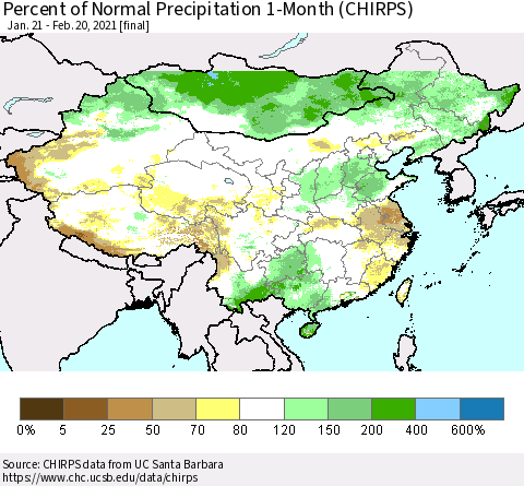 China, Mongolia and Taiwan Percent of Normal Precipitation 1-Month (CHIRPS) Thematic Map For 1/21/2021 - 2/20/2021