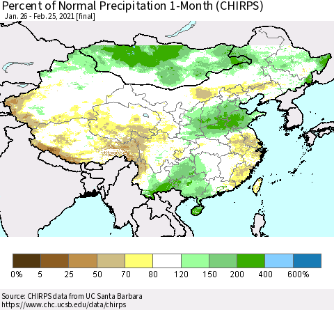 China, Mongolia and Taiwan Percent of Normal Precipitation 1-Month (CHIRPS) Thematic Map For 1/26/2021 - 2/25/2021