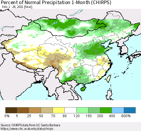 China, Mongolia and Taiwan Percent of Normal Precipitation 1-Month (CHIRPS) Thematic Map For 2/1/2021 - 2/28/2021