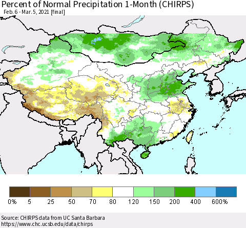 China, Mongolia and Taiwan Percent of Normal Precipitation 1-Month (CHIRPS) Thematic Map For 2/6/2021 - 3/5/2021
