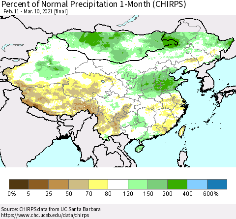 China, Mongolia and Taiwan Percent of Normal Precipitation 1-Month (CHIRPS) Thematic Map For 2/11/2021 - 3/10/2021