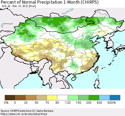 China, Mongolia and Taiwan Percent of Normal Precipitation 1-Month (CHIRPS) Thematic Map For 2/16/2021 - 3/15/2021
