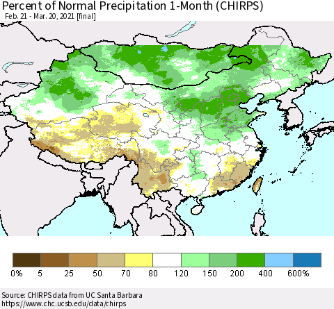 China, Mongolia and Taiwan Percent of Normal Precipitation 1-Month (CHIRPS) Thematic Map For 2/21/2021 - 3/20/2021