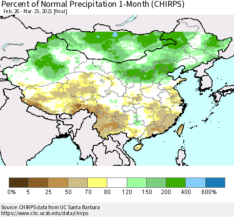China, Mongolia and Taiwan Percent of Normal Precipitation 1-Month (CHIRPS) Thematic Map For 2/26/2021 - 3/25/2021